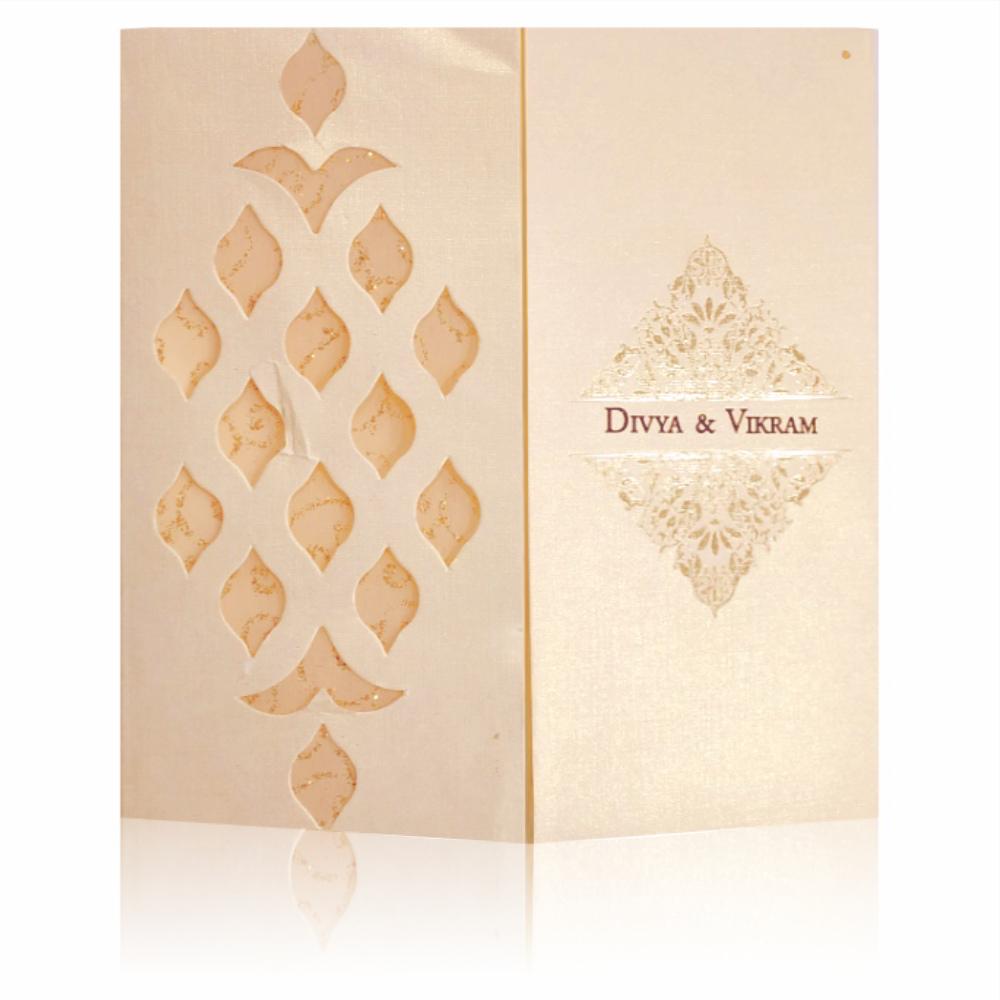 Cream Metallic Laser Cut Invitation With Sandal Wolly Foil-KNK4344C