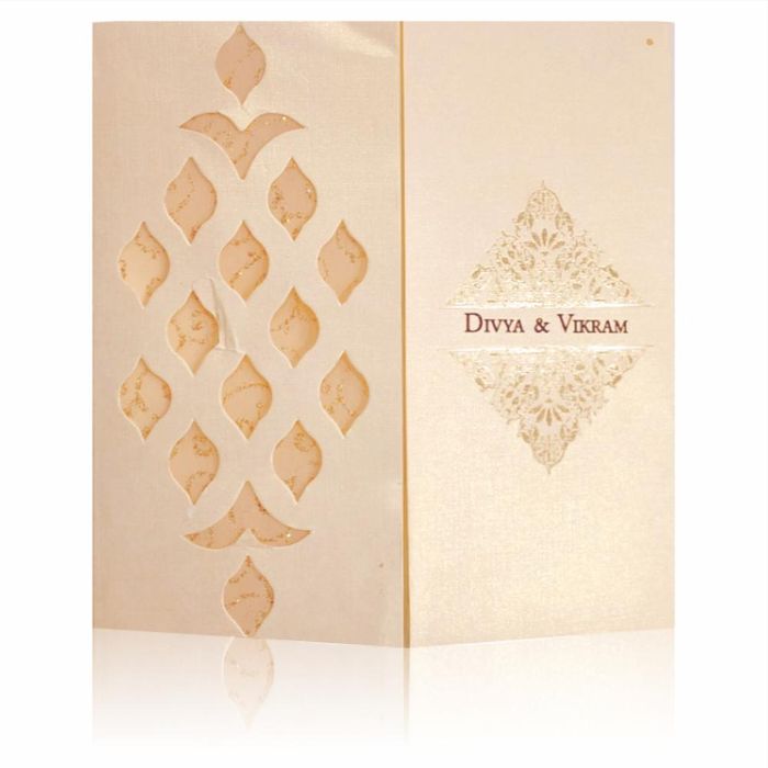 Cream Metallic Laser Cut Invitation With Sandal Wolly Foil-KNK4344C-King of Cards