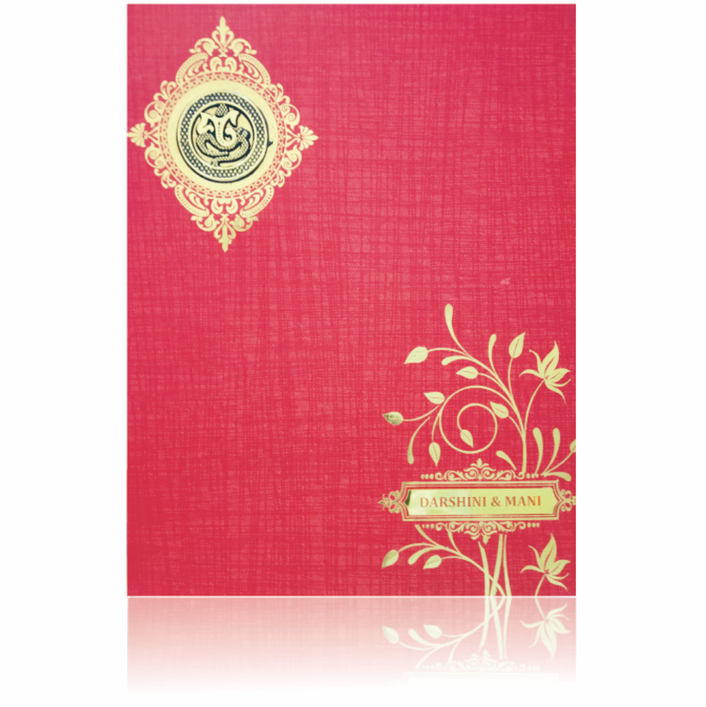 Red Jumbo Metallic Floral Design With Ganesha Wedding Card-KNK50261