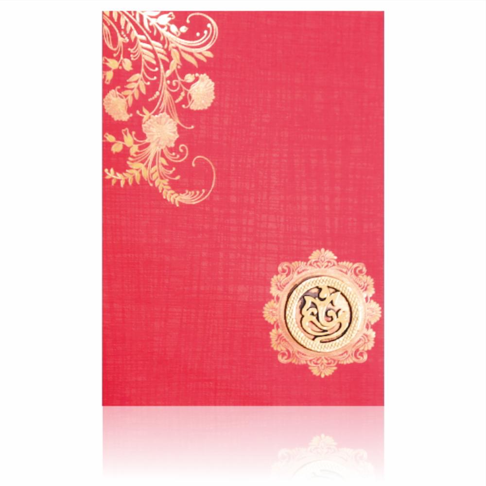 Red Prince Paper Print Floral Design in Gold With Round Ganesha Sticker Invitation Card-KNPM708R
