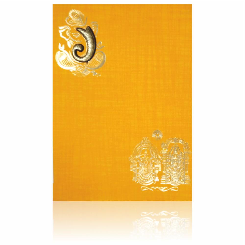 Orange Color Prince Paper Hindu Wedding Card With Balaji And Pamavathi In Gold-KNPM710O