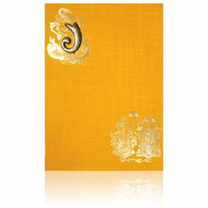 Orange Color Prince Paper Hindu Wedding Card With Balaji And Pamavathi In Gold-KNPM710O