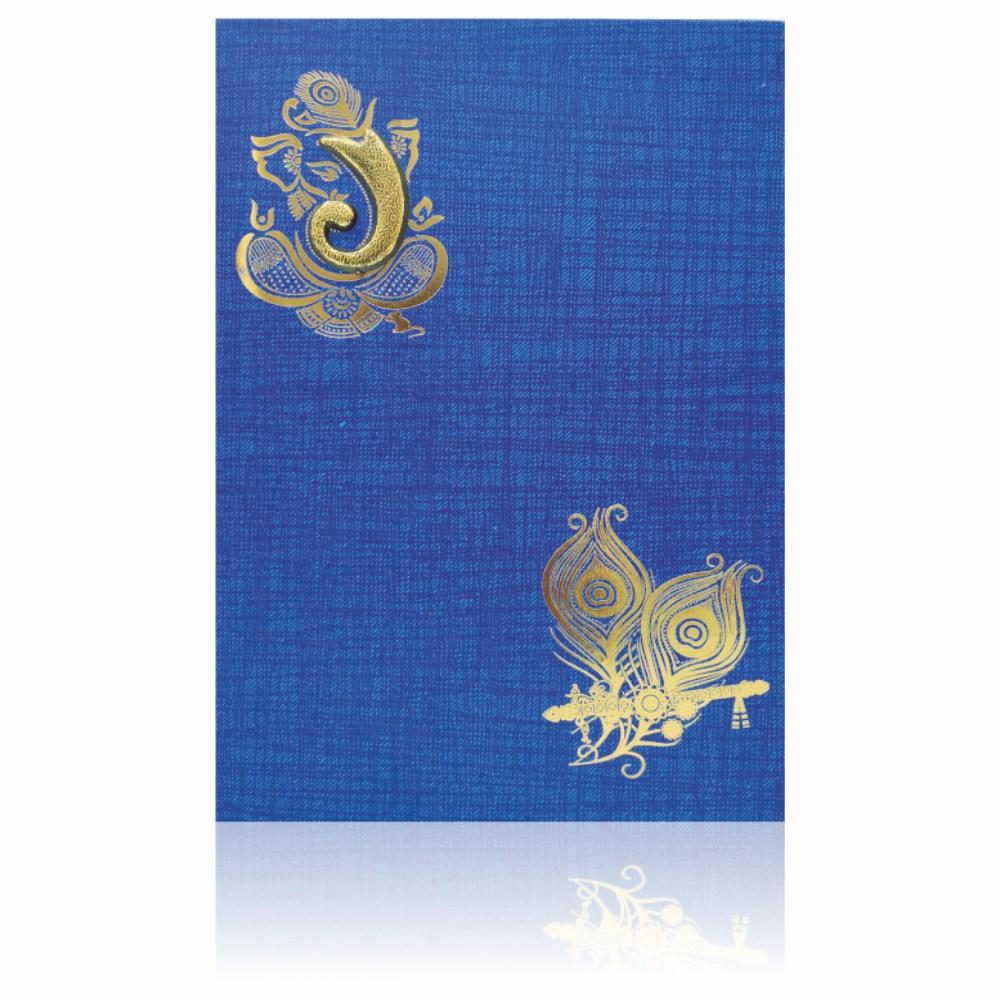 Blue Prince Paper Print Hindu Wedding Card With Ganesha Trunk Sticker-KNPP714B