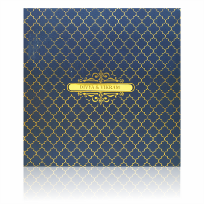 Blue Padded Satin Wedding Invitation Card With Name Plate-KNPS6505B