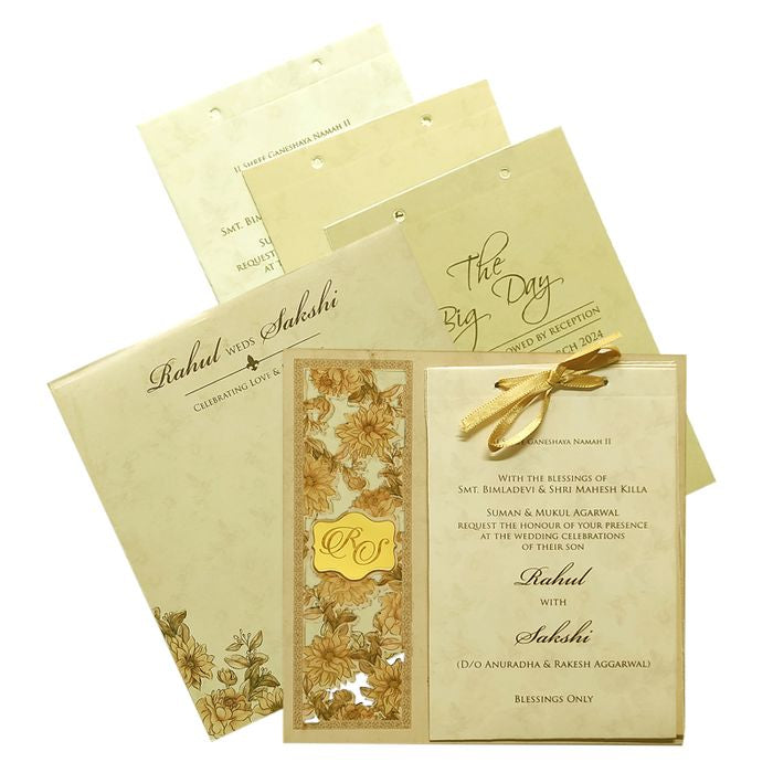 Golden Elegant Floral Lazer Cut MDF Wedding Card-King of Cards