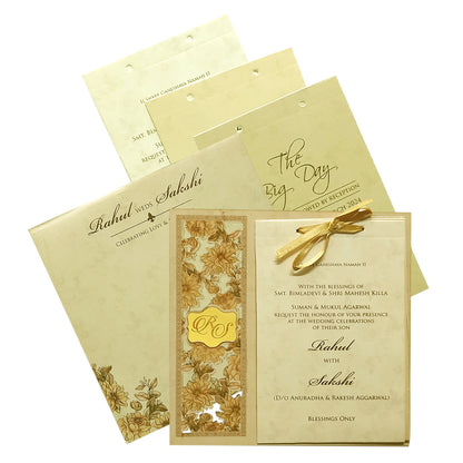 Golden Elegant Floral Lazer Cut MDF Wedding Card-King of Cards