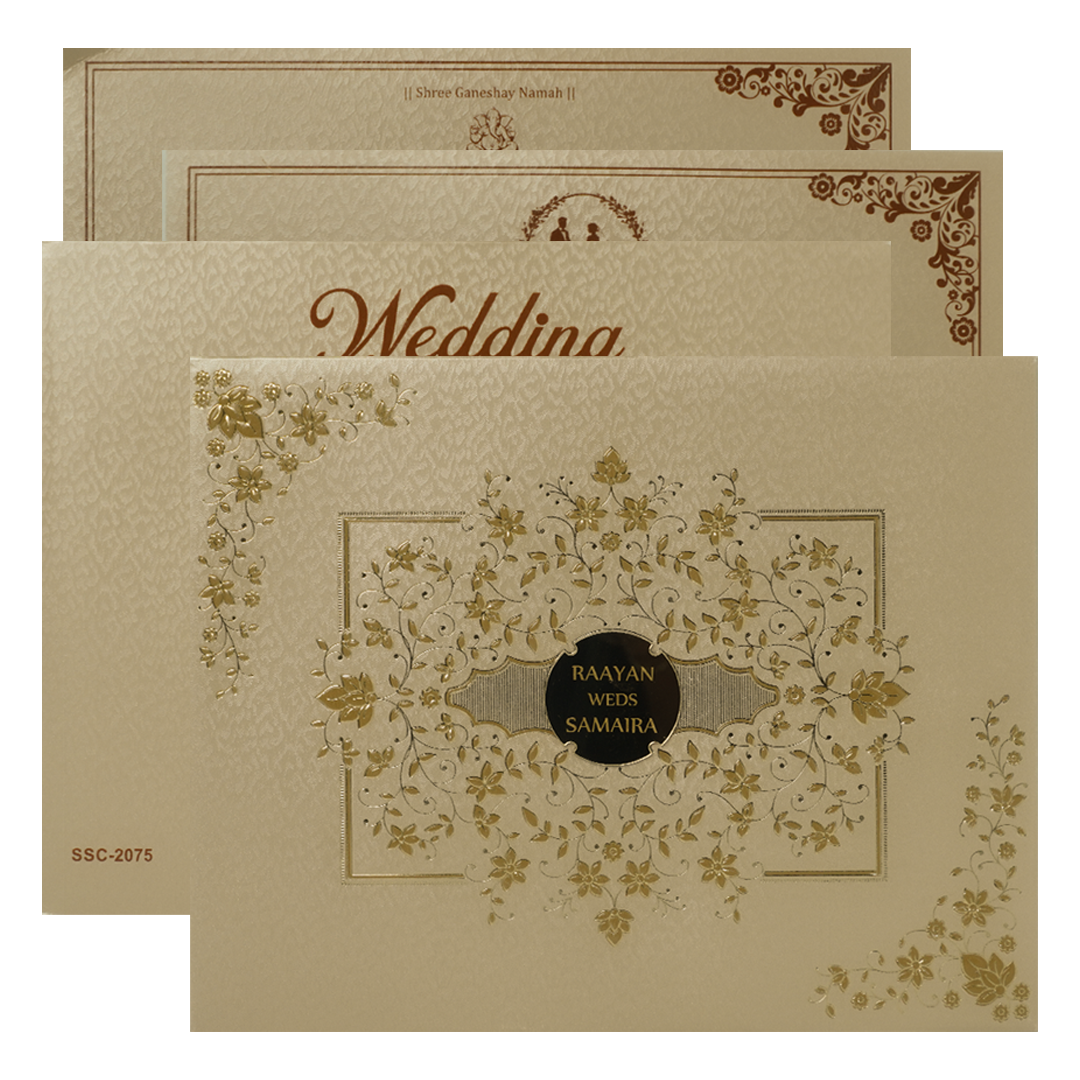 Check out Cream Gold Floral Padded Wedding Card at best price.✅WhatsApp Support ✅Express Delivery.|King of cards.