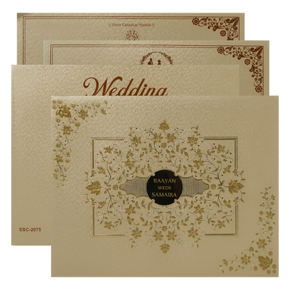 Check out Cream Gold Floral Padded Wedding Card at best price.✅WhatsApp Support ✅Express Delivery.|King of cards.