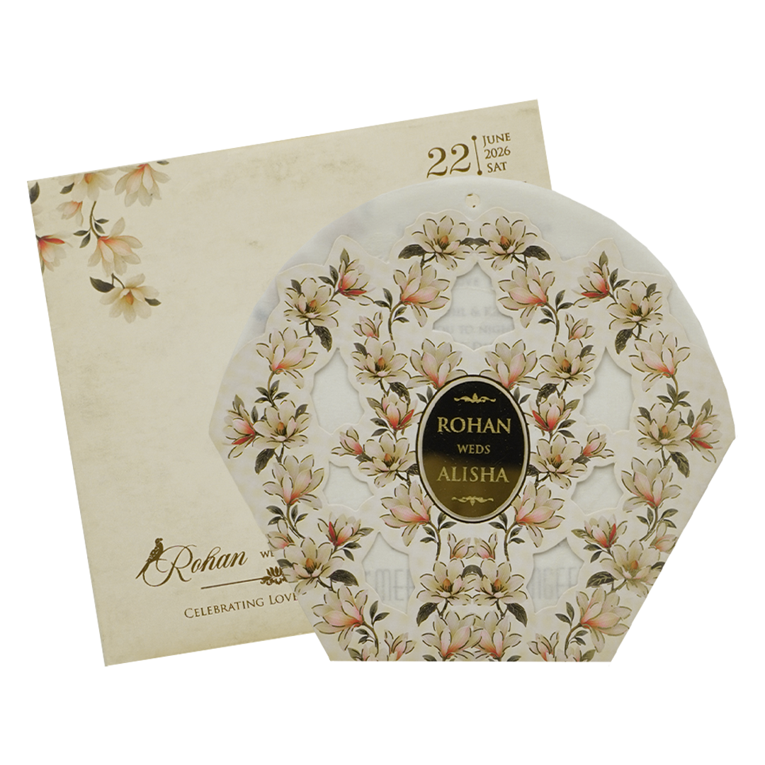 Ivory Cream Floral Laser-cut Wedding Card - KFR16180
