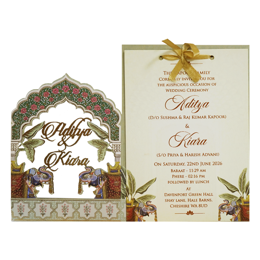 Green Arch Elephant Theme Wedding Card-KFR16070