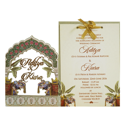 Green Arch Elephant Theme Wedding Card-KFR16070