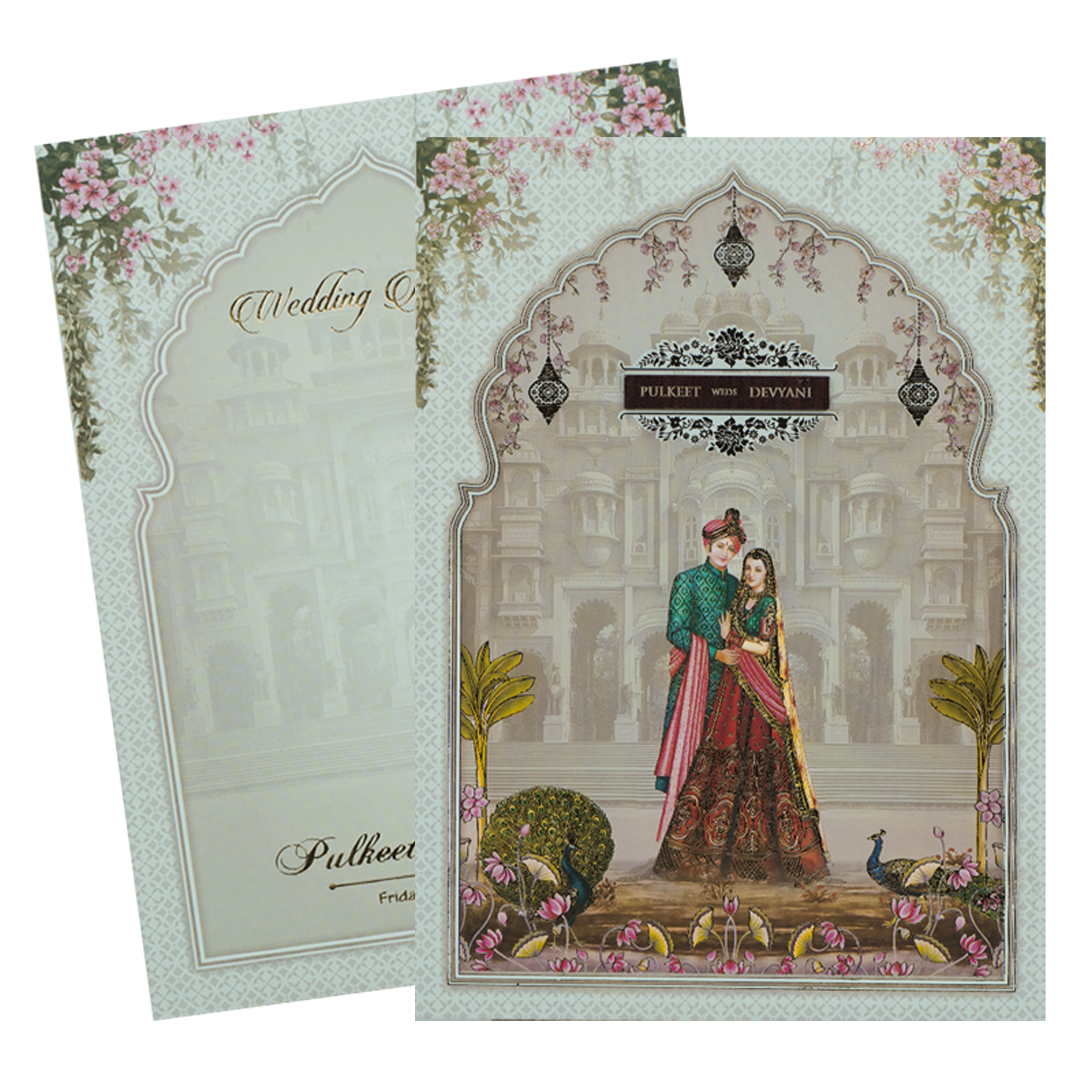 White Palace Couple Padded Wedding Card-KJTS1760