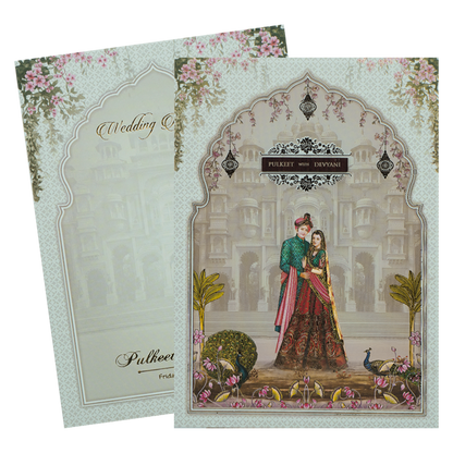 White Palace Couple Padded Wedding Card-KJTS1760