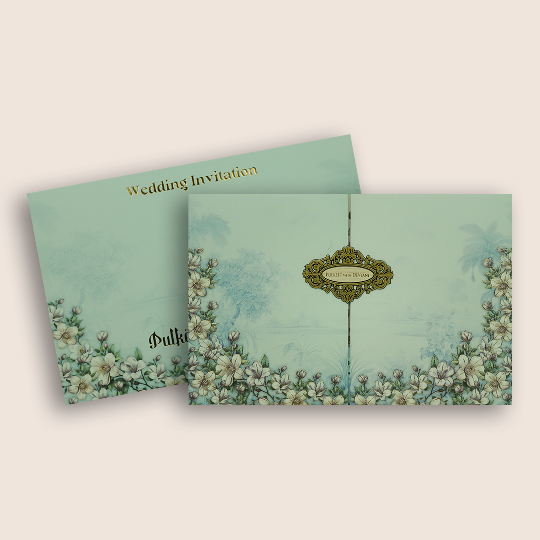 Blue Elegant Floral Door Style Padded Wedding Card - KJTS1829