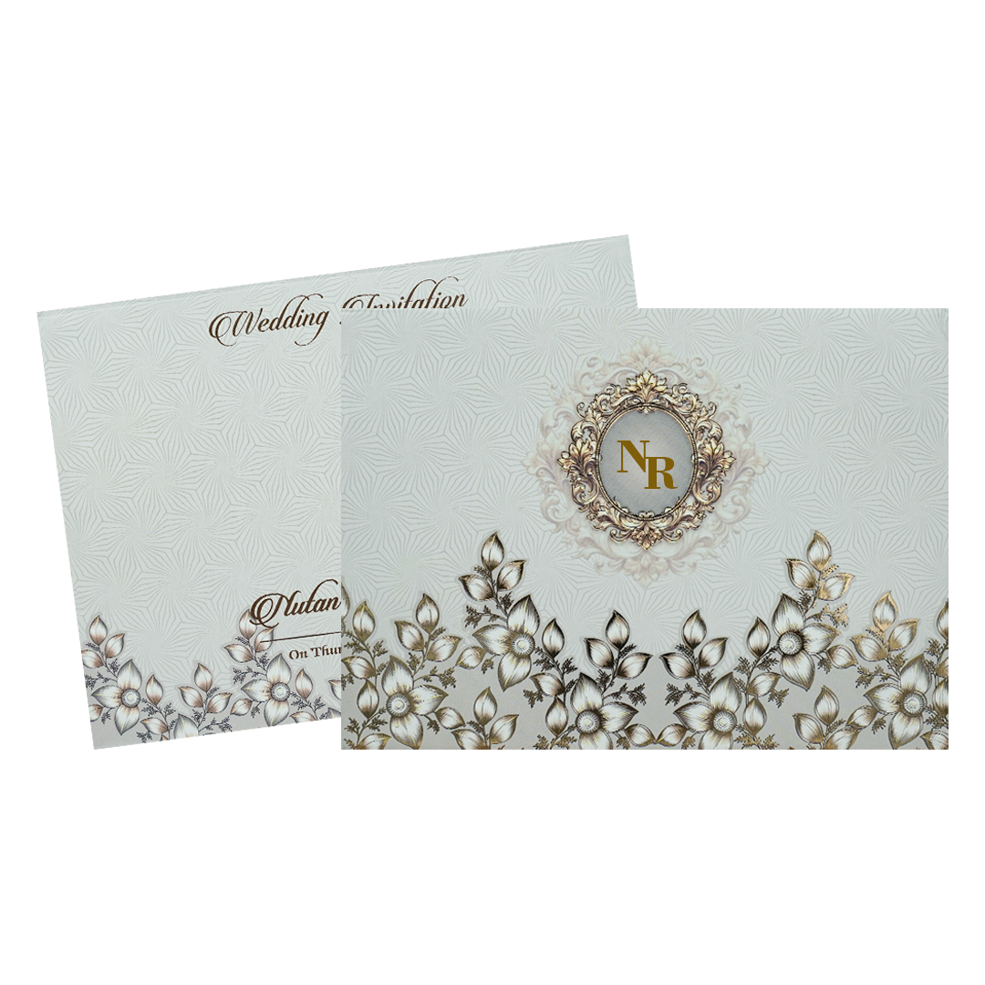 Grey Floral Gold Frame Padded Wedding Card-KRE27990