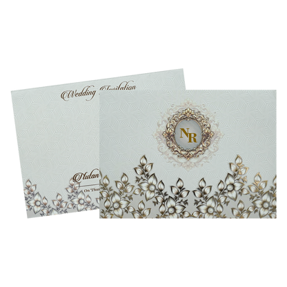 Grey Floral Gold Frame Padded Wedding Card-KRE27990