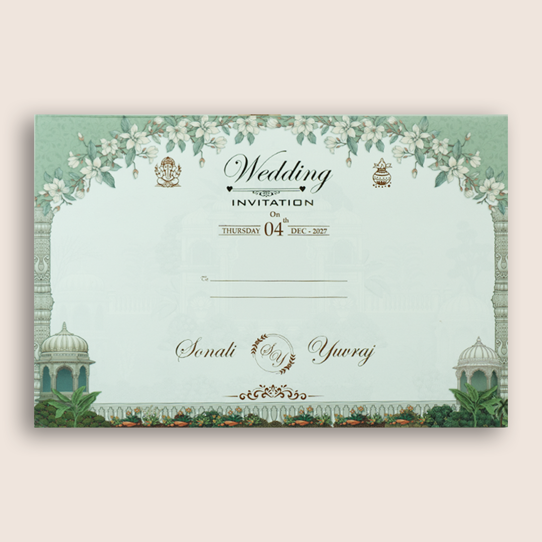 Green Floral Jharokha Palace Padded Wedding Card - KSH18810