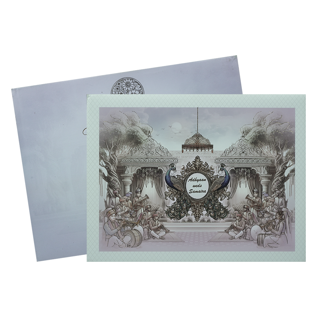 Lavender Padded Peacock Palace Wedding Card-KRC31100