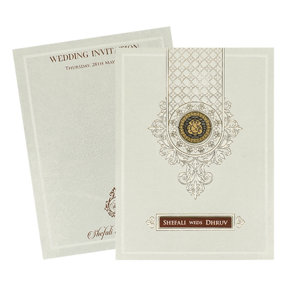 White Monogram Ganesha Embossed Wedding card-KRE28440