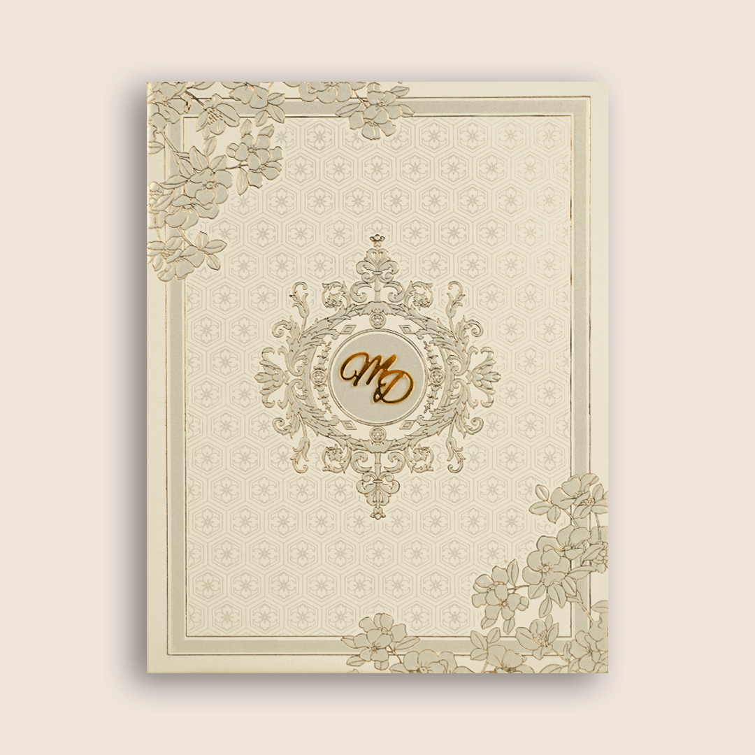 Beige Embossed Floral Padded Wedding Card - KPR010170