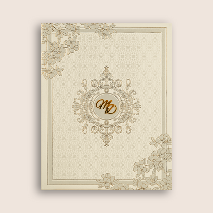 Beige Embossed Floral Padded Wedding Card - KPR010170