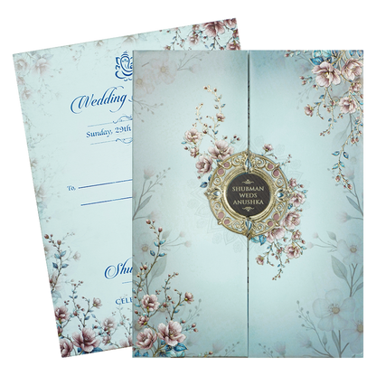 Blue Floral Padded Wedding Card-KRB09300