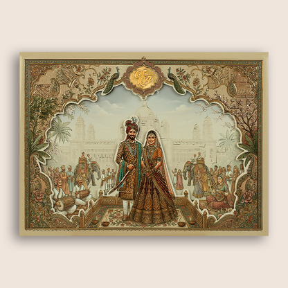 Beige Bride Groom Palace Laser Cut Padded Wedding Card - KRB10550
