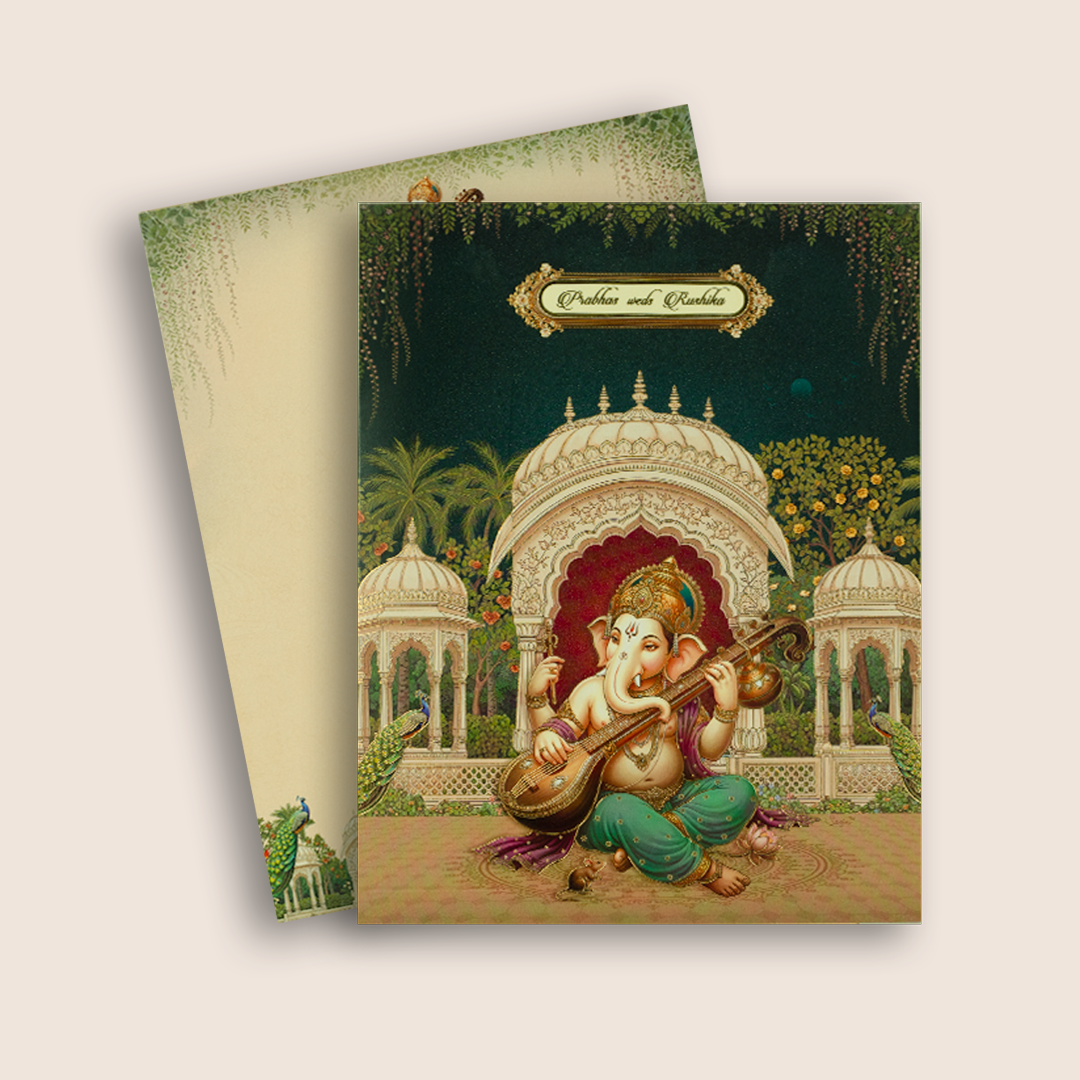 Green Lord Ganesha Floral Padded Wedding Card - KAA05560