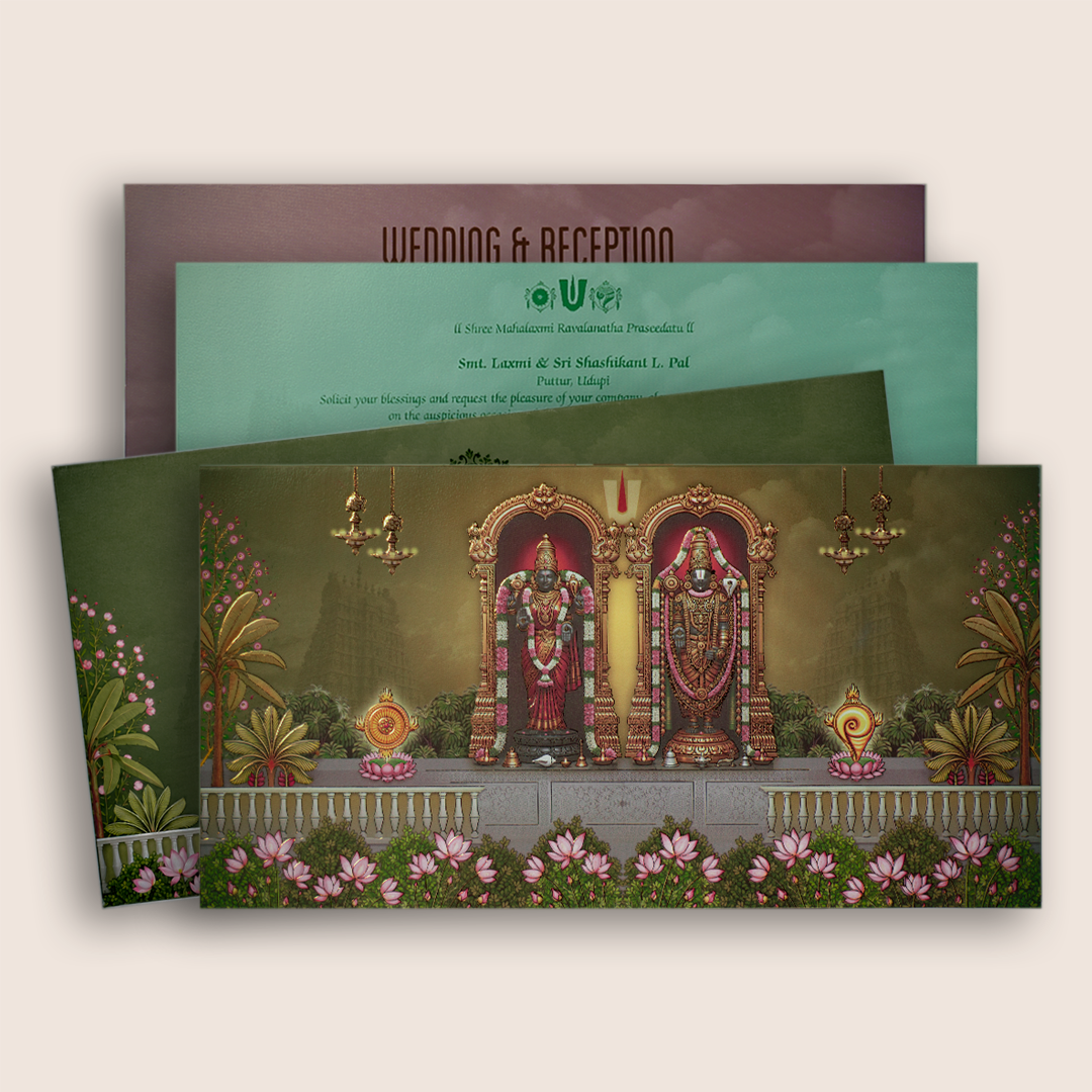 Green Embossed Lord Balaji Padmavati Marriage Card - KVN08050