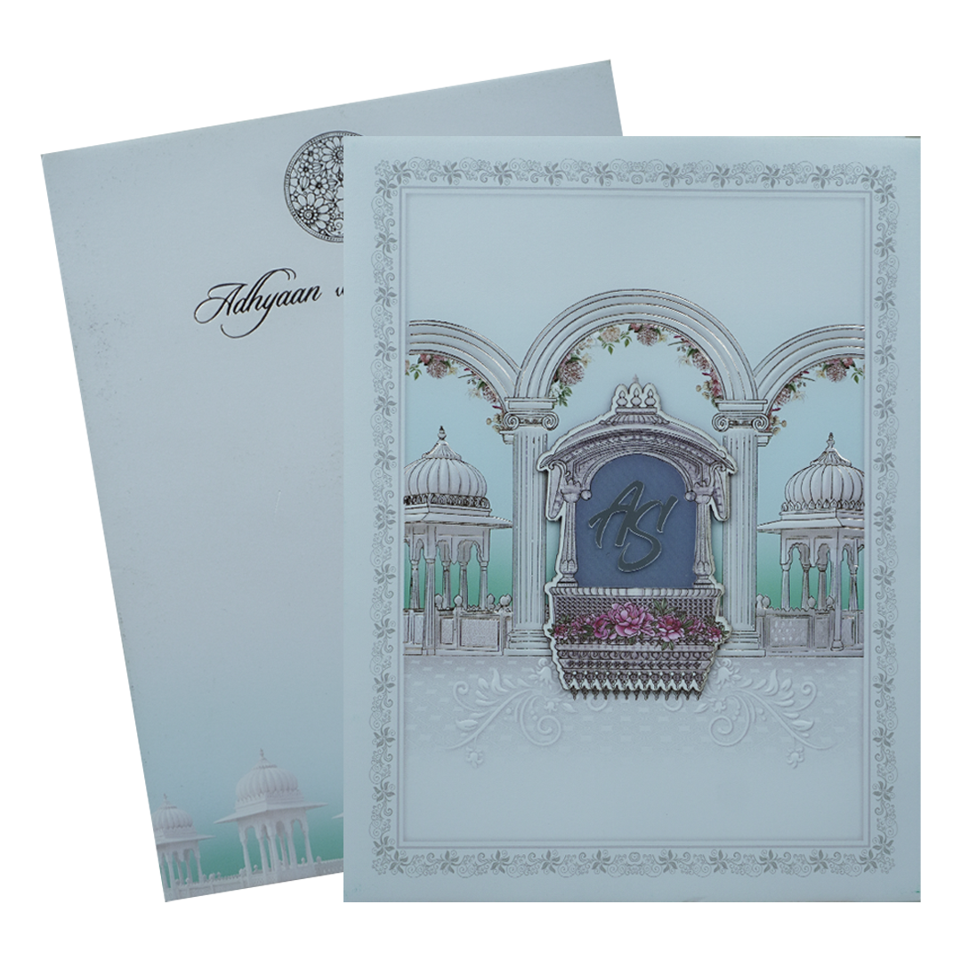 Blue Padded Floral Palace Wedding Card-KRC31030