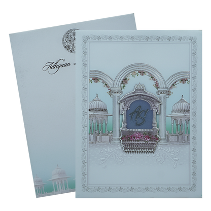 Blue Padded Floral Palace Wedding Card-KRC31030