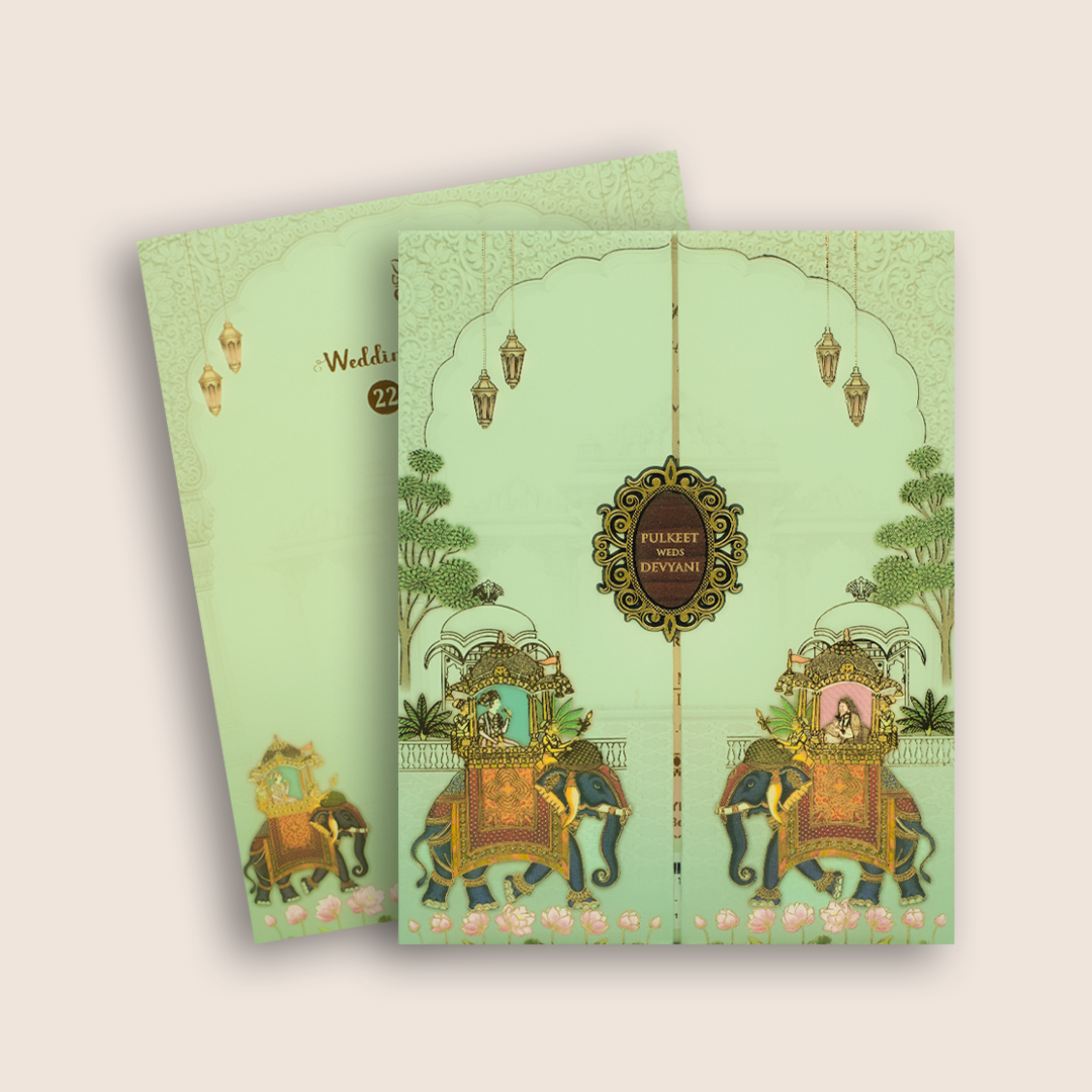 Pale Green Elephant Padded Door Style Wedding Card - KJTS1834