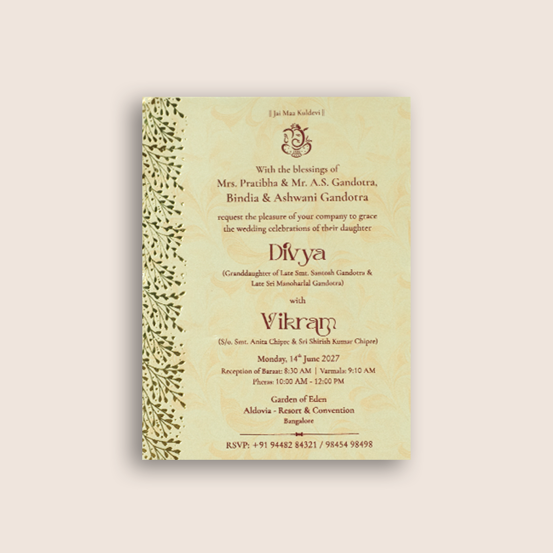 Cream Floral Single Sheet Marriage Invitation - KNPD1749