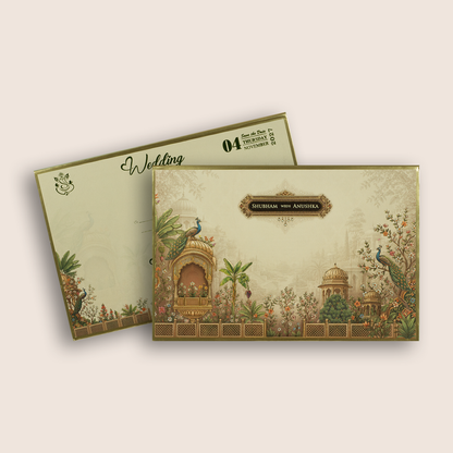 Beige Embossed Jharokha Padded Wedding Invitation - KSH18080