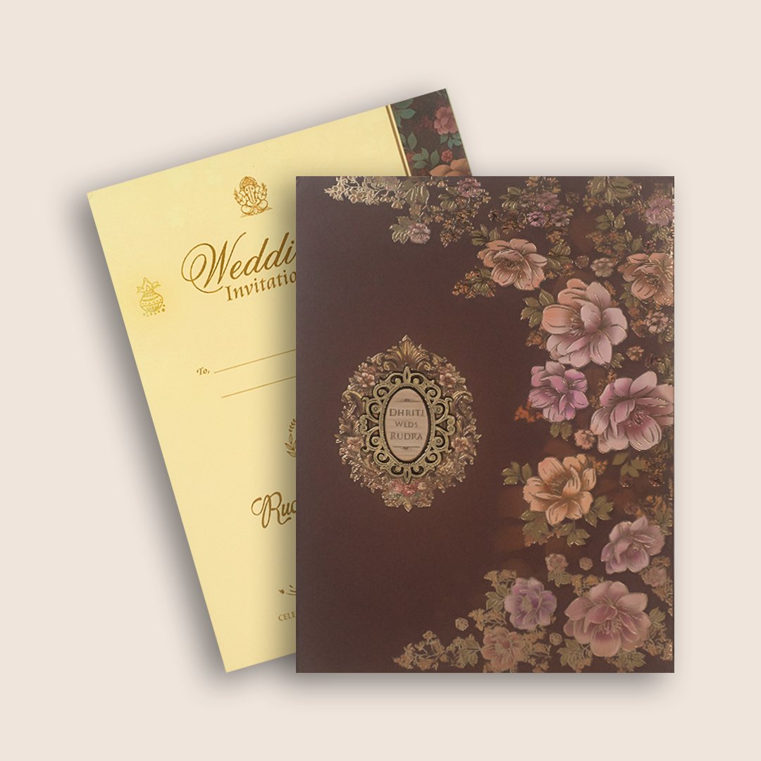 Brown Floral Padded Wedding Invitation Card - KSH18570