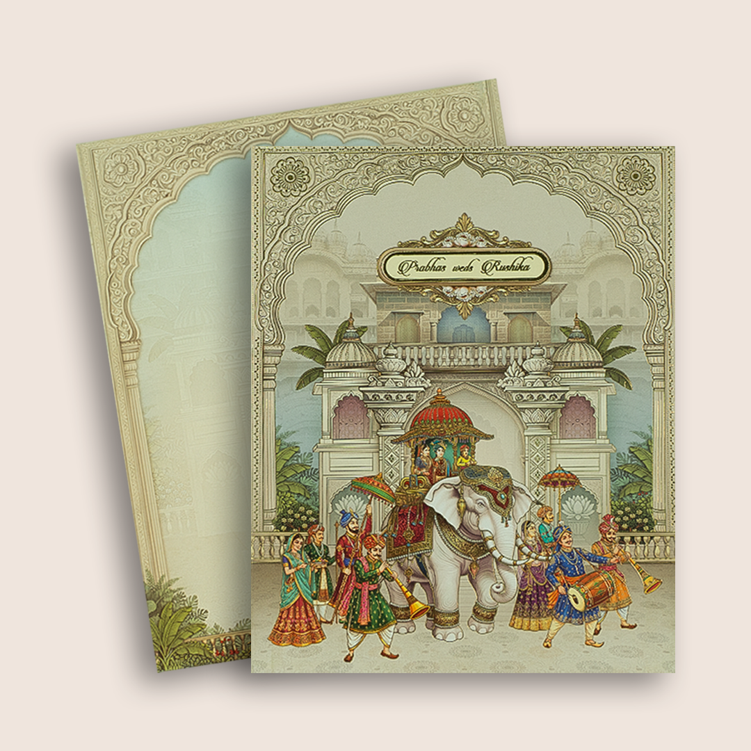 Grey Royal Palace Baraat Padded Wedding Card - KAA05540