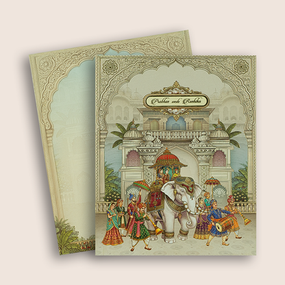 Grey Royal Palace Baraat Padded Wedding Card - KAA05540