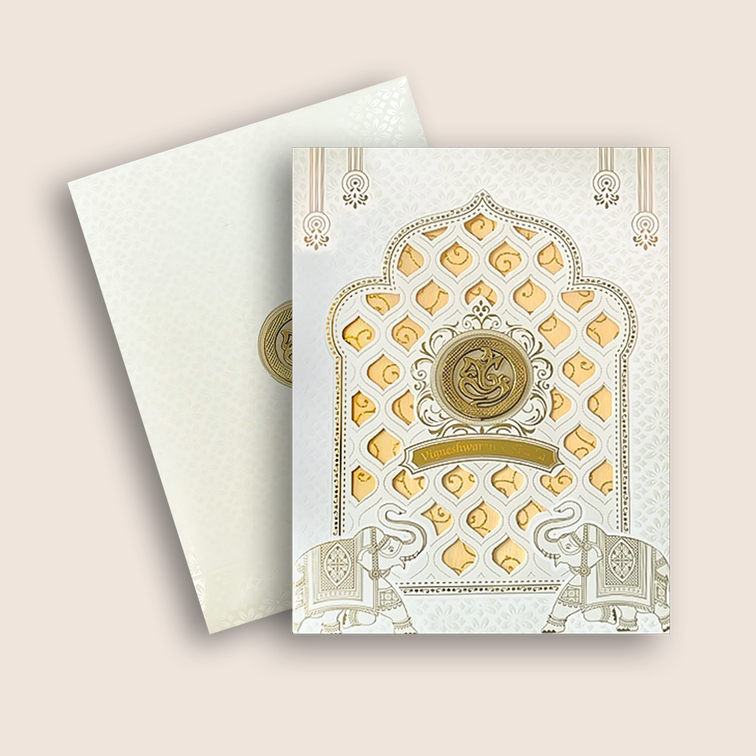 White Embossed Elephant Laser Cut Wedding Card - KNK7082W