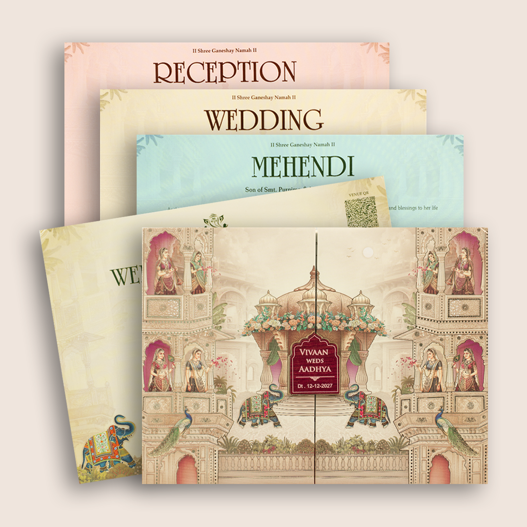 Beige Palace Padded Door Style Wedding Card - KSH18960