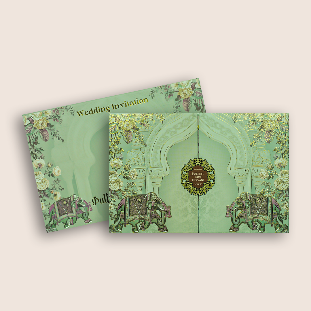 Teal Green Elephant Door Style Padded Wedding Card - KJTS1830