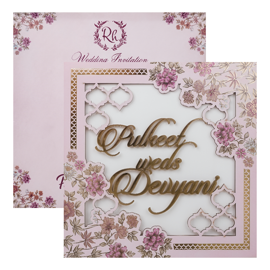 Pink Floral Cutout Wedding Card-KJTS1747