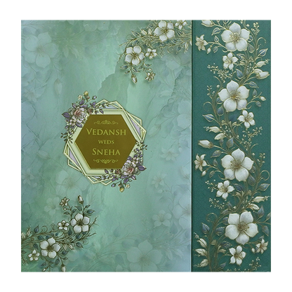 Blue Floral Padded Wedding Card - KSH72840