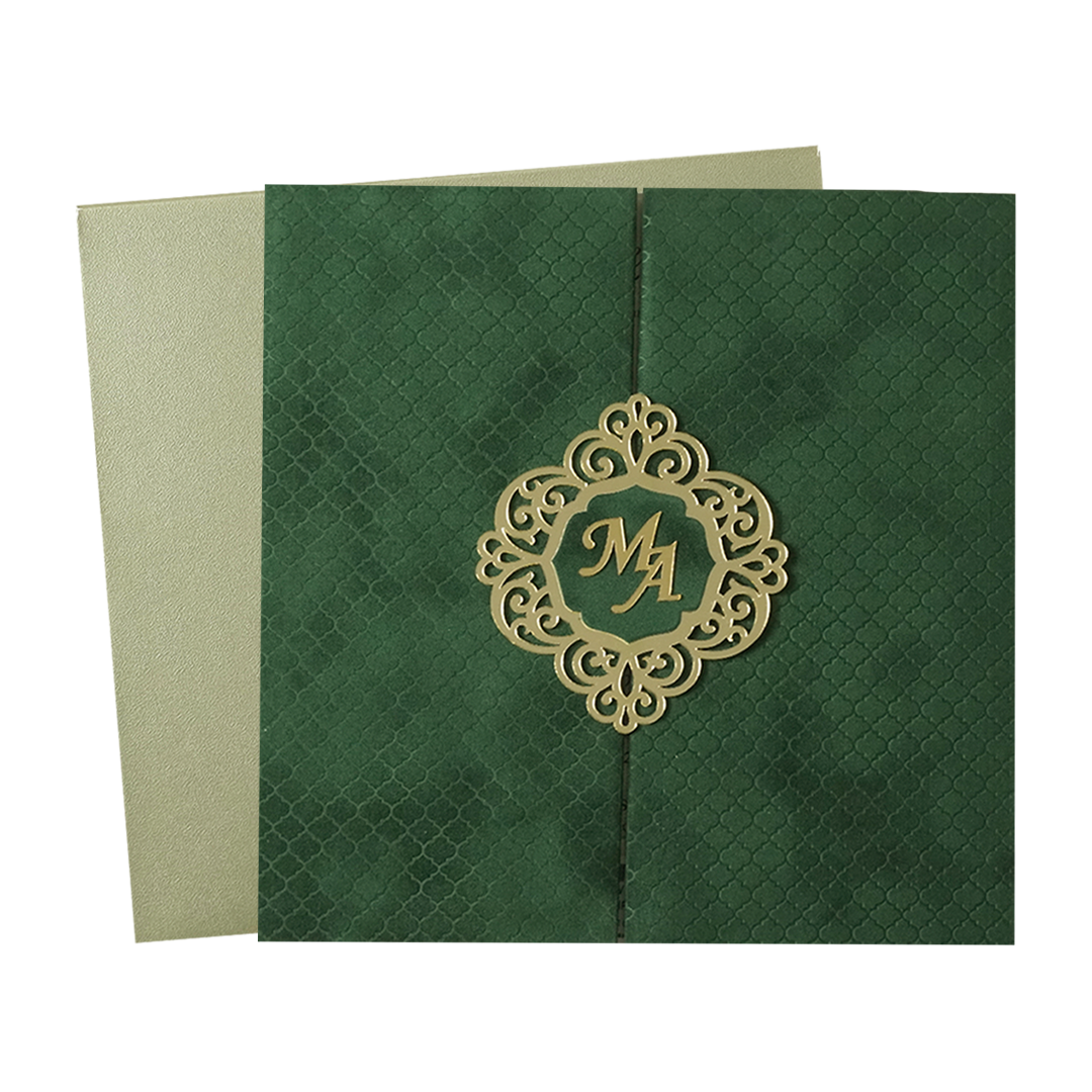 Green Floral Gatefold Padded Wedding Card-KMMWD1163