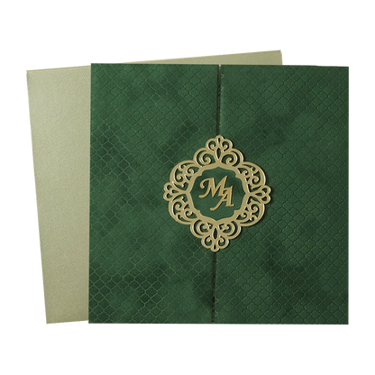 Green Floral Gatefold Padded Wedding Card-KMMWD1163