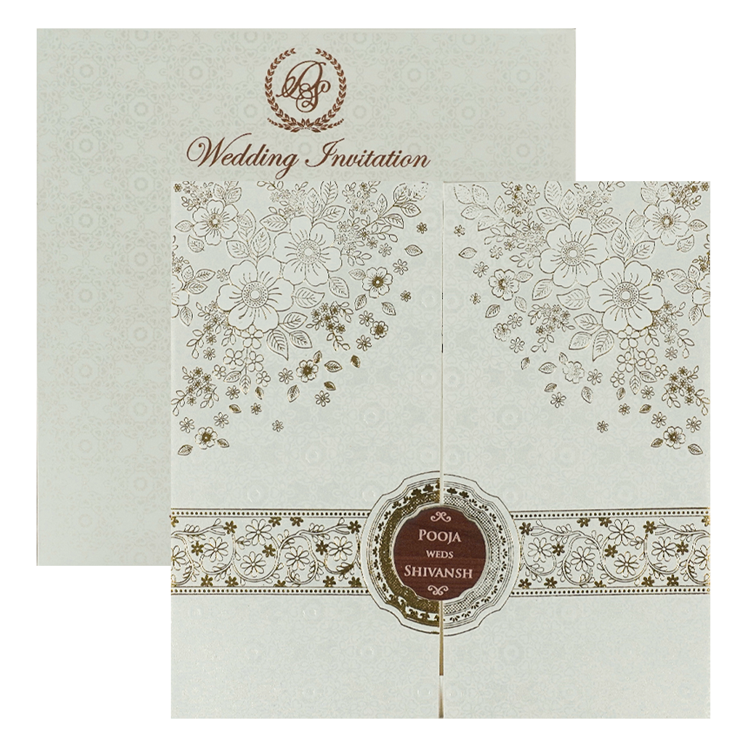 White Floral Gold Band Medallion Wedding Card-KRE27010