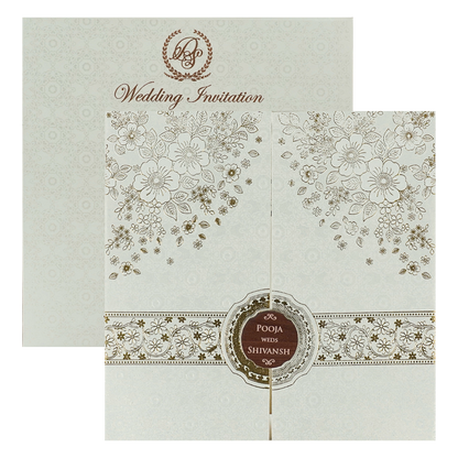 White Floral Gold Band Medallion Wedding Card-KRE27010