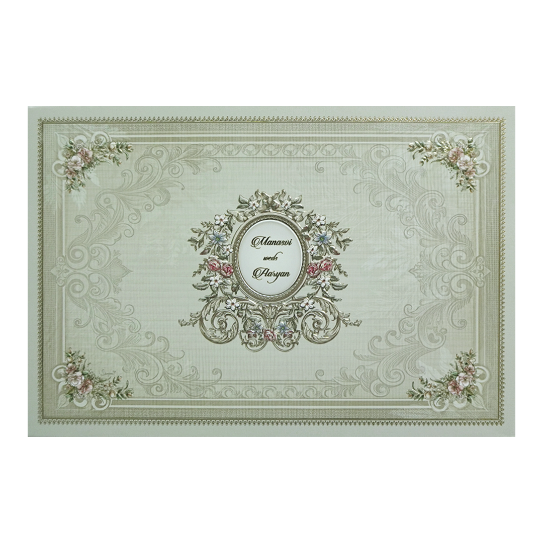 Classic Green Ornate Floral Padded Wedding Card-KMMWD1141