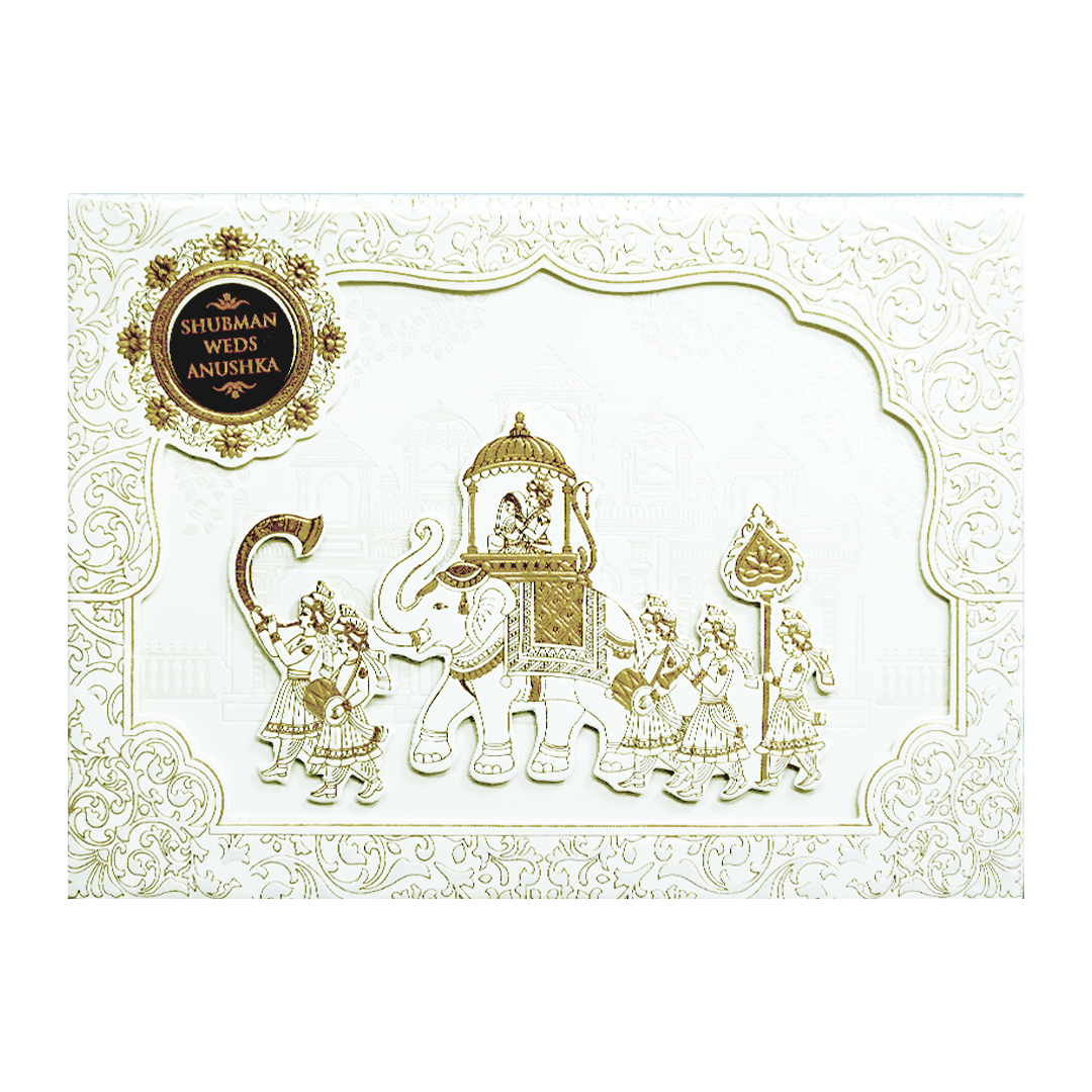 White Padded Wedding Invitation Card with Raised Gold Embossed Design-KRB09781
