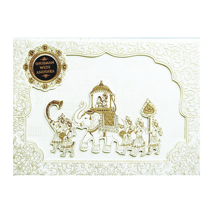 White Padded Wedding Invitation Card with Raised Gold Embossed Design-KRB09781
