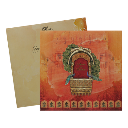 Orange Padded Peacock Palace Wedding Card-KRC31490